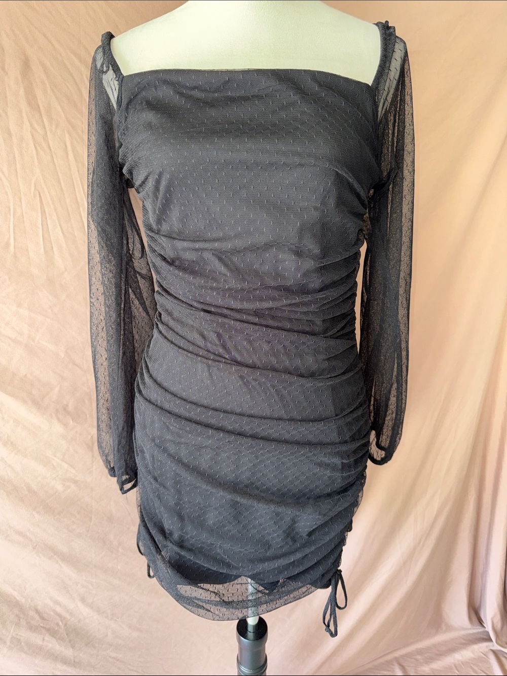 NWOT Jump Black Sheer Dot Ruched Long Sleeve Mini Dress with Drawstring Hem